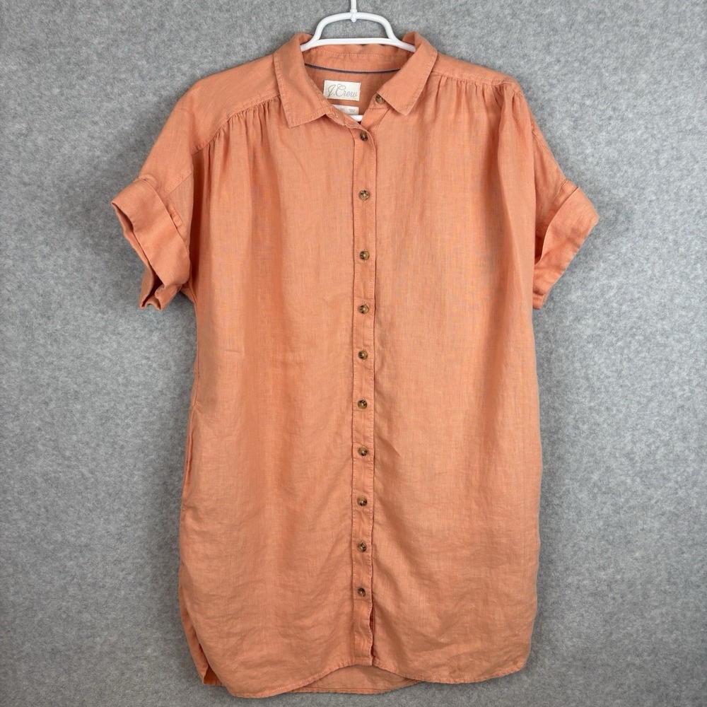 J. Crew Women Sz MP Relaxed Fit Linen Shirtdress Orange Peach Button Up Beach